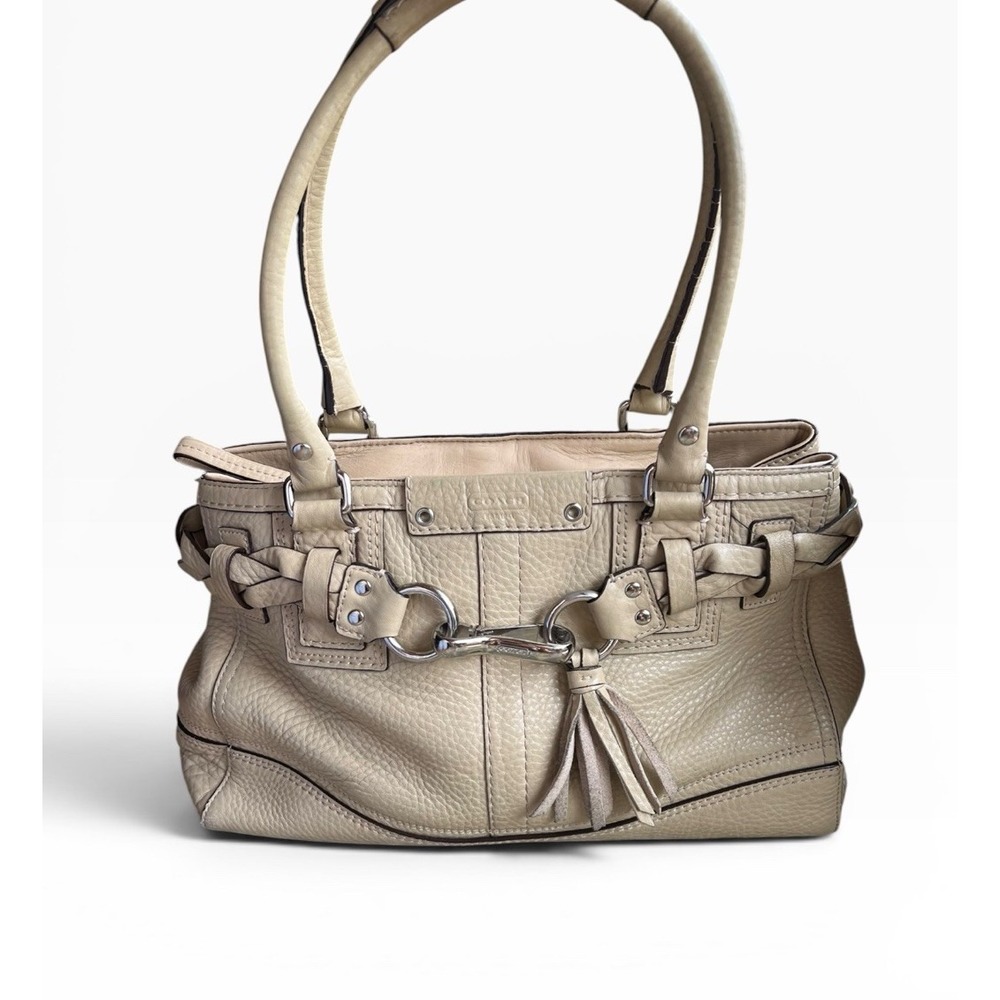 Vintage COACH Hampton F13084 Pebbled Leather Braided Carryall Beige Bag Purse